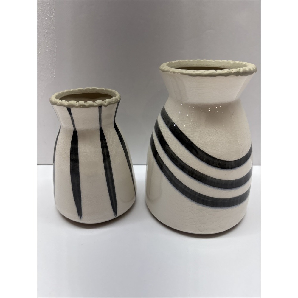 2 Anthropologie Striped Kupia Hand Painted Pottery Ceramic Art Vase